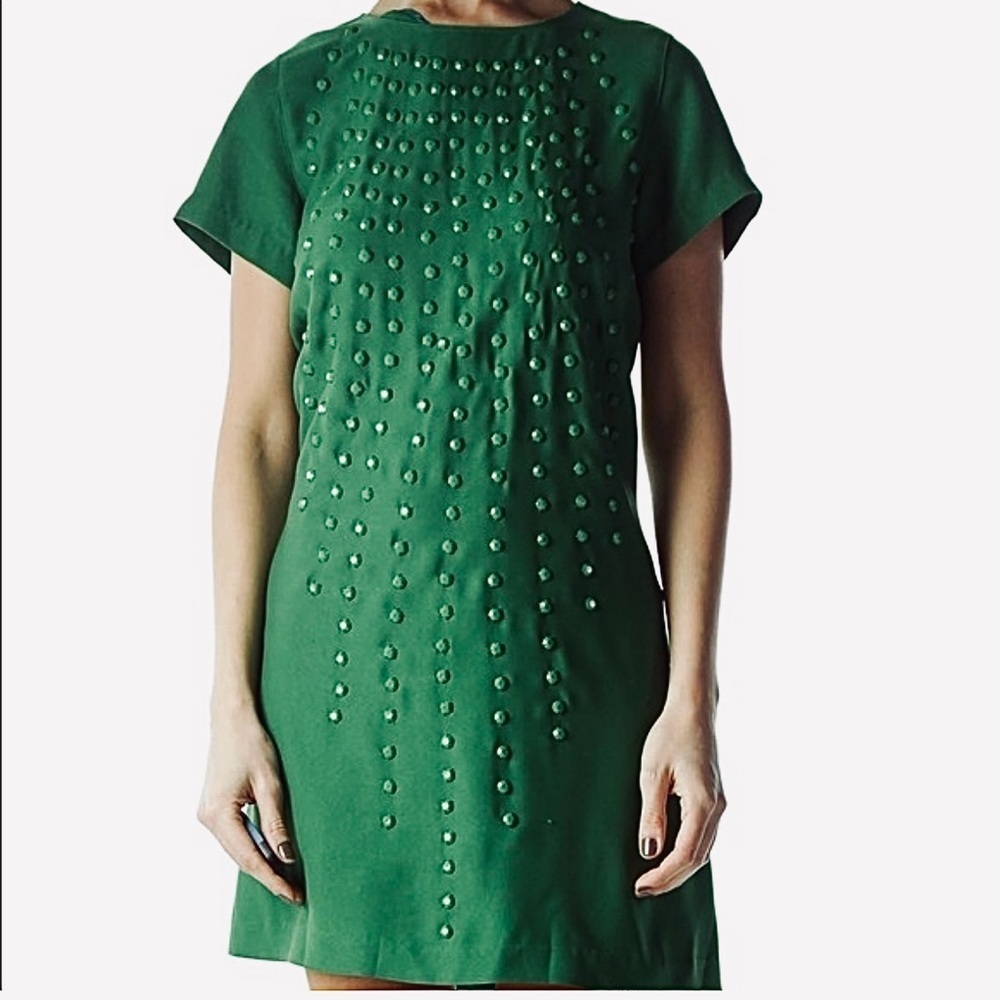 Anthropologie KARTA Green Jeweled Mini Shift Dress S Beaded Starburst Bedazzled